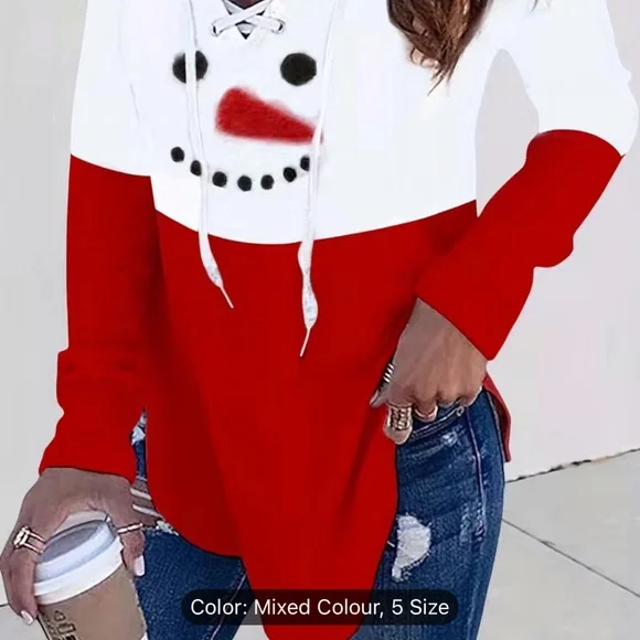 🔴 CLEARANCE🔖 NWT ⛄️ RED/WHITE SNOWMAN HOODED LACE-UP WINTER SWEATSHIRT Women’s M - Picture 2 of 5